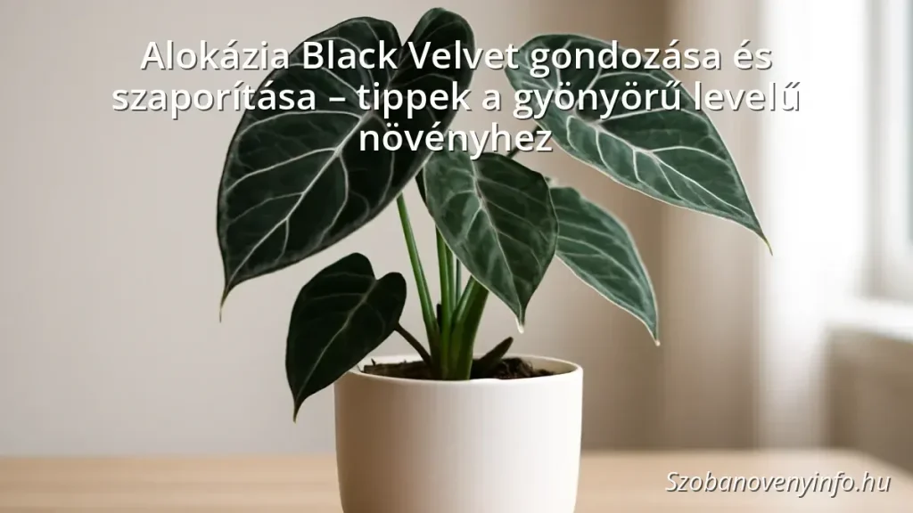 Alokázia Black Velvet növény sötét bársonyos levelekkel egy modern cserépben